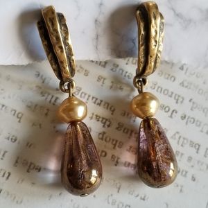 Chico's earrings glass bead drops antiqued gold tone pierced purple boho